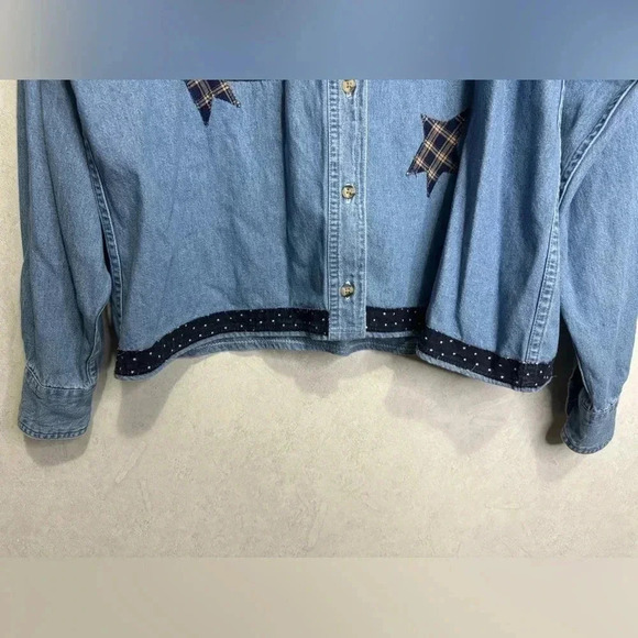 Women’s Denim Patches Patriotic US American Flag Button Down Shirt Top Large - Picture 7 of 10